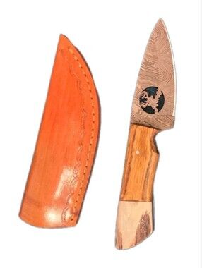 DAMASCUS Hand Forged STEEL SKINNER KNIFE w Wood Handle & Leather Sheath